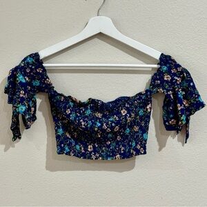 Blue and Pink Ruffled Crop Blouse with Flutter Sleeves